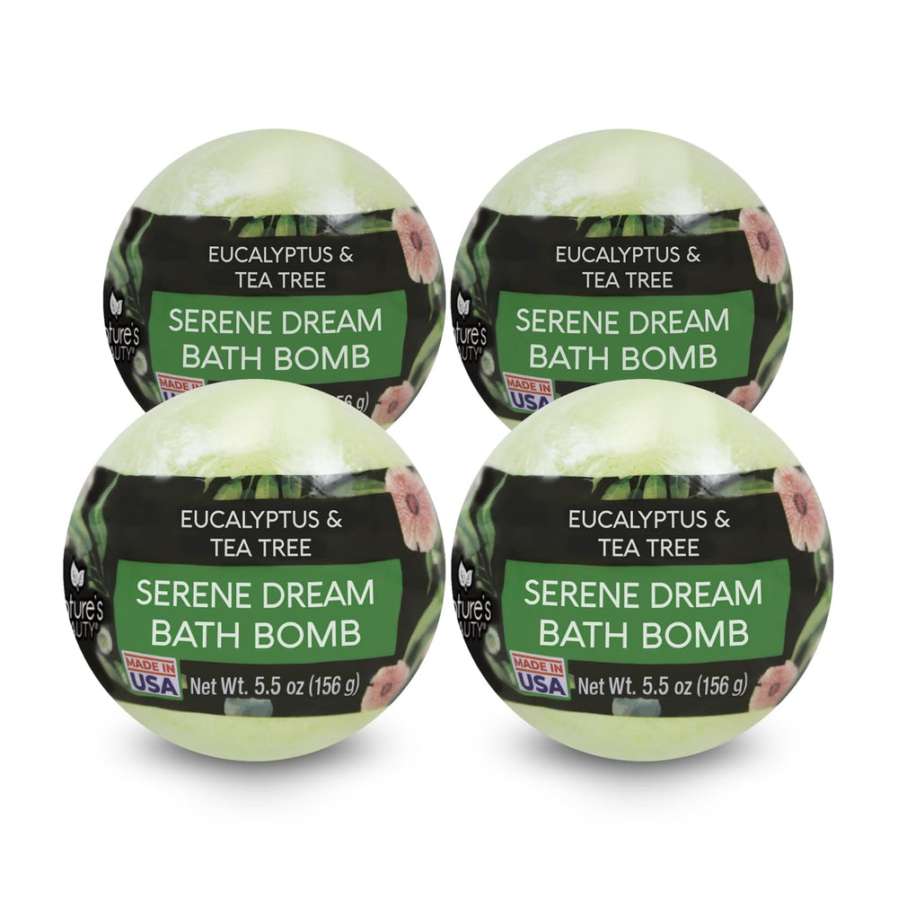 Nature's Beauty Eucalyptus & Tea Tree bath bomb 4-pack pack-shot promotes at-home spa indulgence.