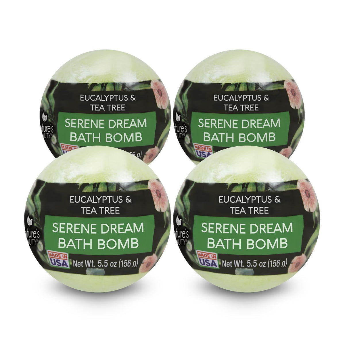 Nature's Beauty Eucalyptus & Tea Tree bath bomb 4-pack pack-shot promotes at-home spa indulgence.