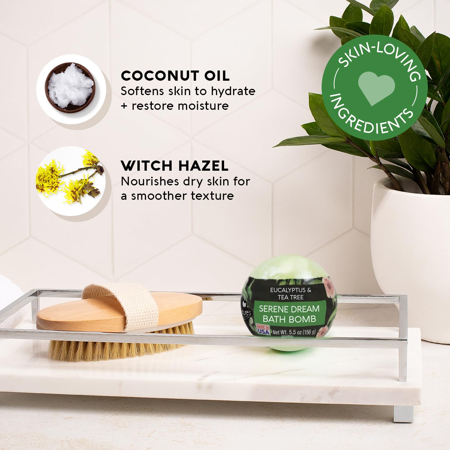 Nature's Beauty bath bomb close-up ingredients highlight coconut oil and witch hazel for nourished skin.