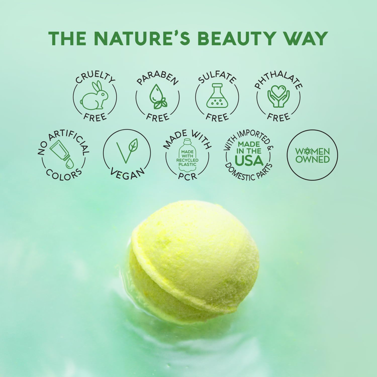 Nature's Beauty vegan cruelty-free badge close-up signals clean, ethical formulation.