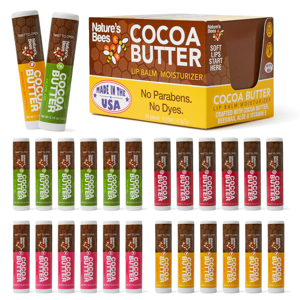Nature’s Bees Cocoa Butter Lip Balm 24-pack tubes for daily moisture