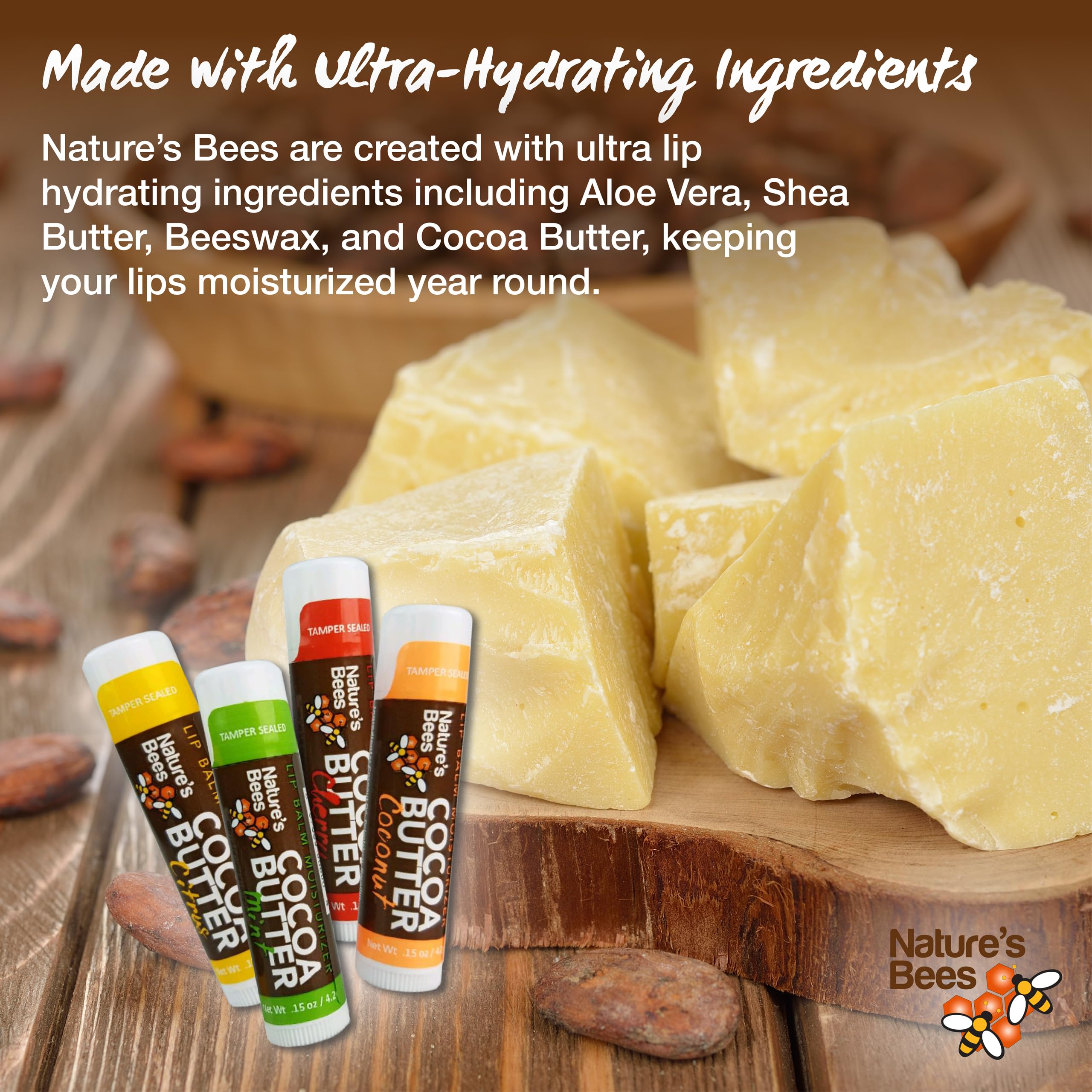 Coconut oil, beeswax, aloe, and vitamin E nourish lips