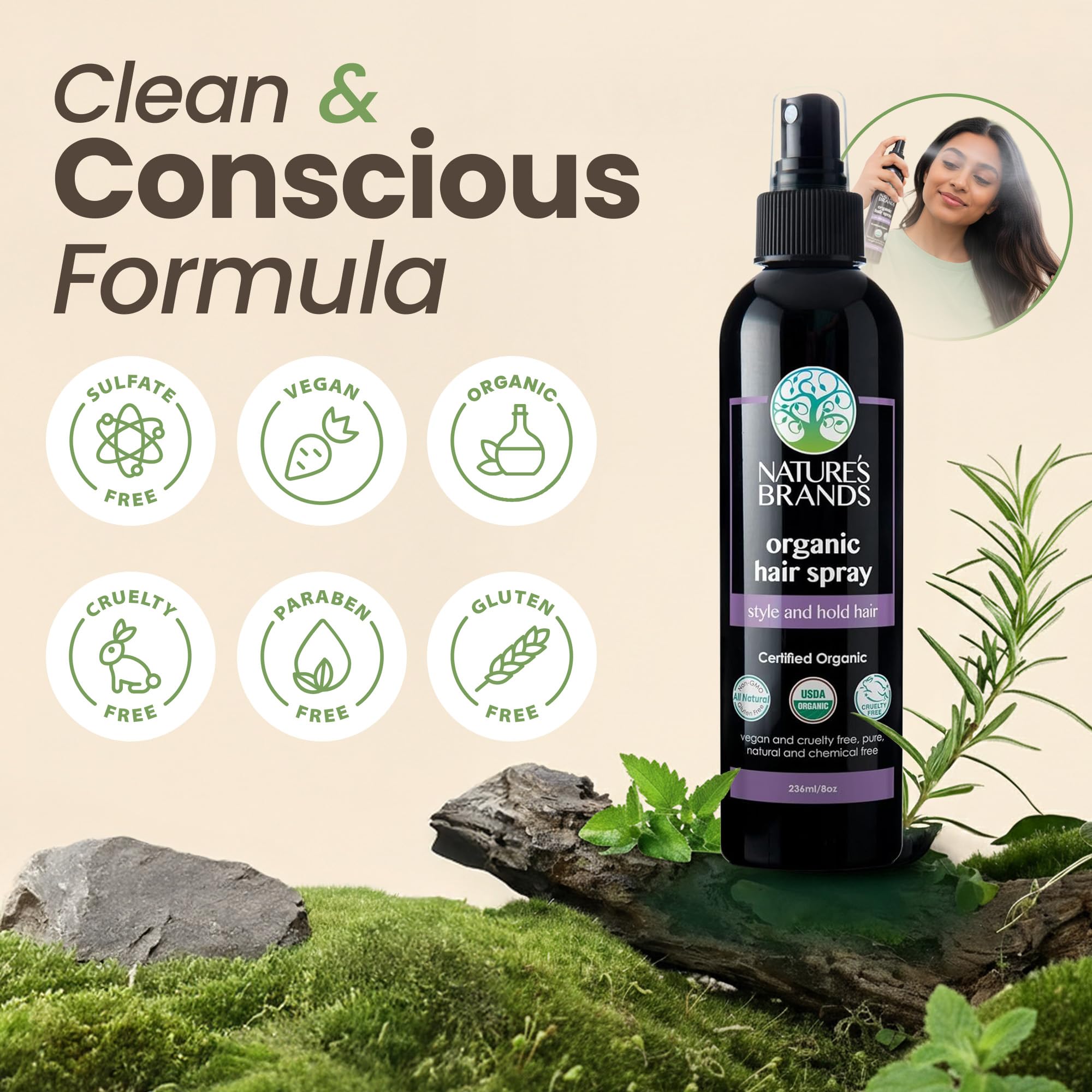 Nature's Brands – finition légère et tenue naturelle sur les cheveux coiffés.