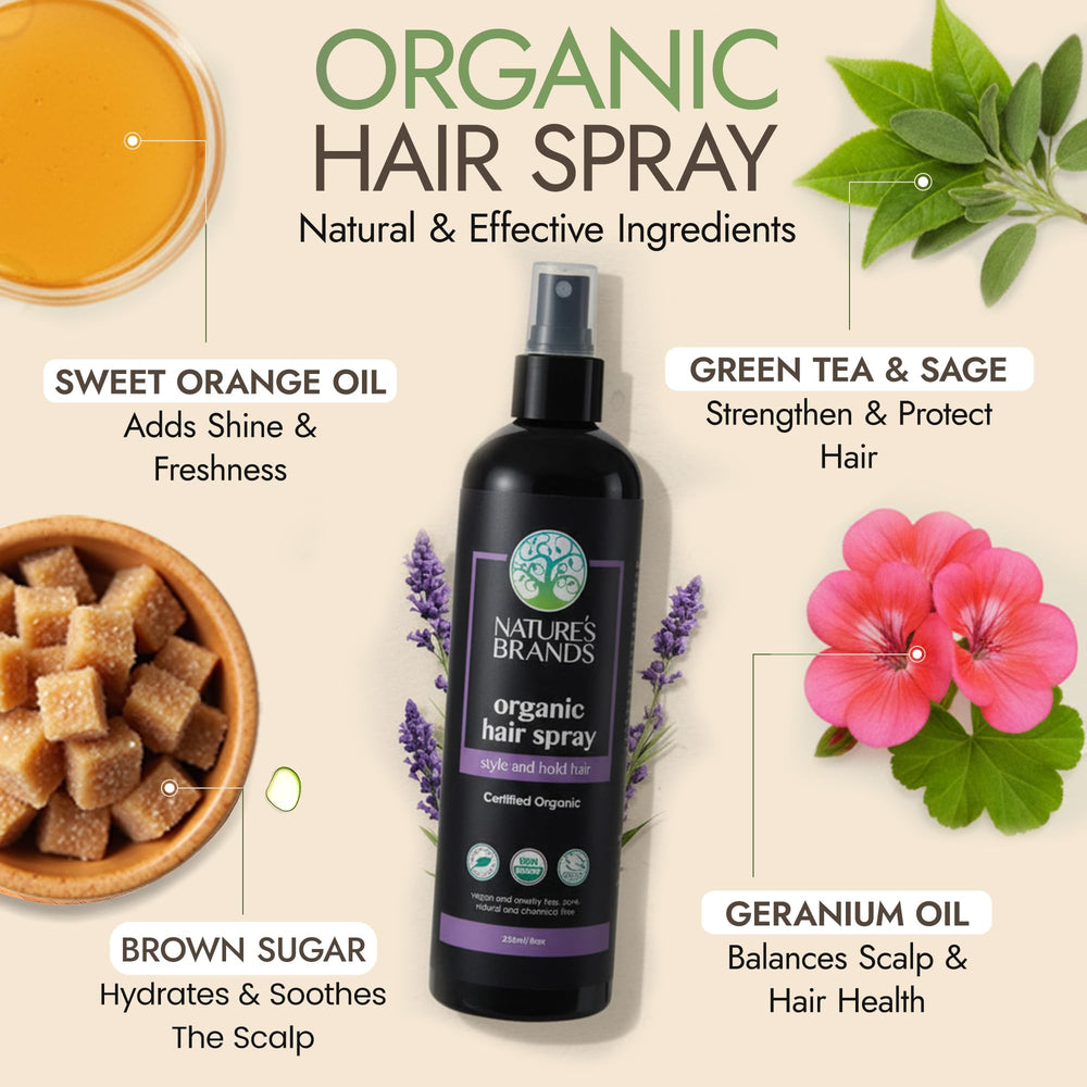 Nature's Brands – ingrédients bio thé vert, sauge et géranium pour cheveux nourris.