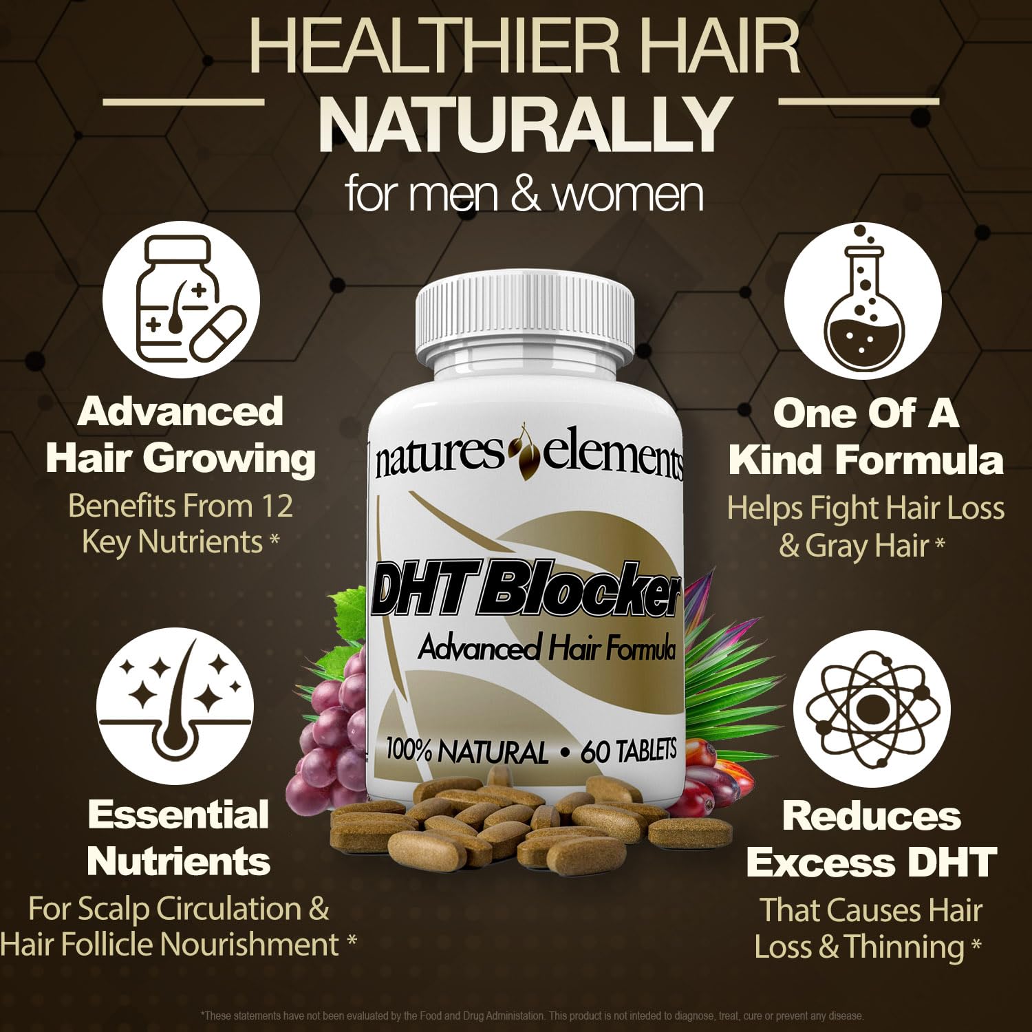 Natures Elements DHT Blocker tablettes vegetariennes – option facile pour une routine quotidienne.