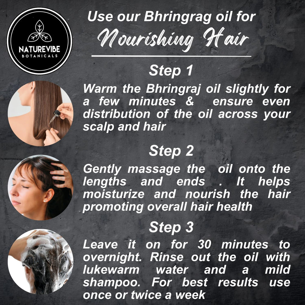 Naturevibe Botanicals Bhringraj huile — routine quotidienne pour cheveux sains et brillants.