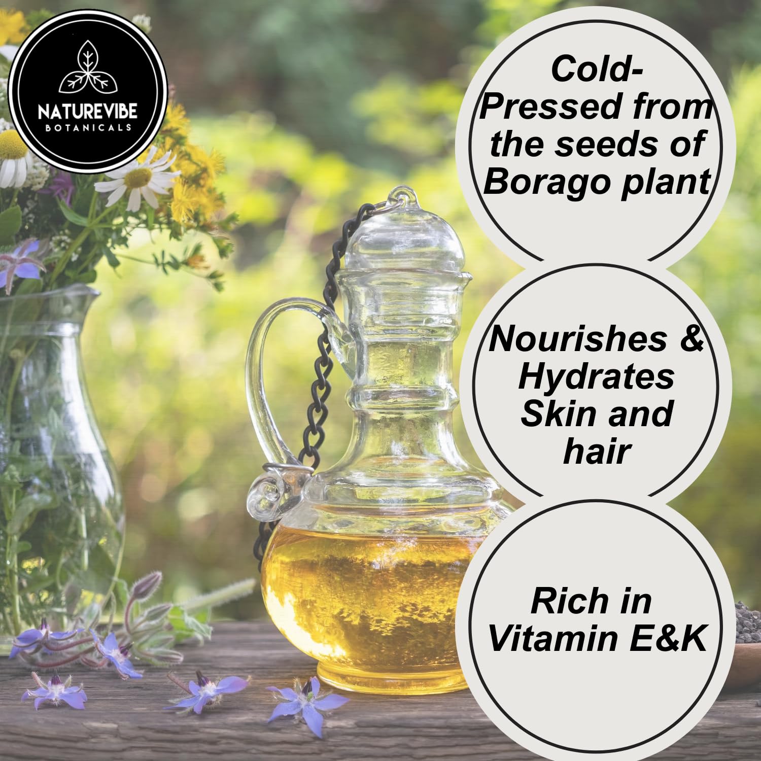 Naturevibe Botanicals Borage Oil applied to hair for natural conditioning.