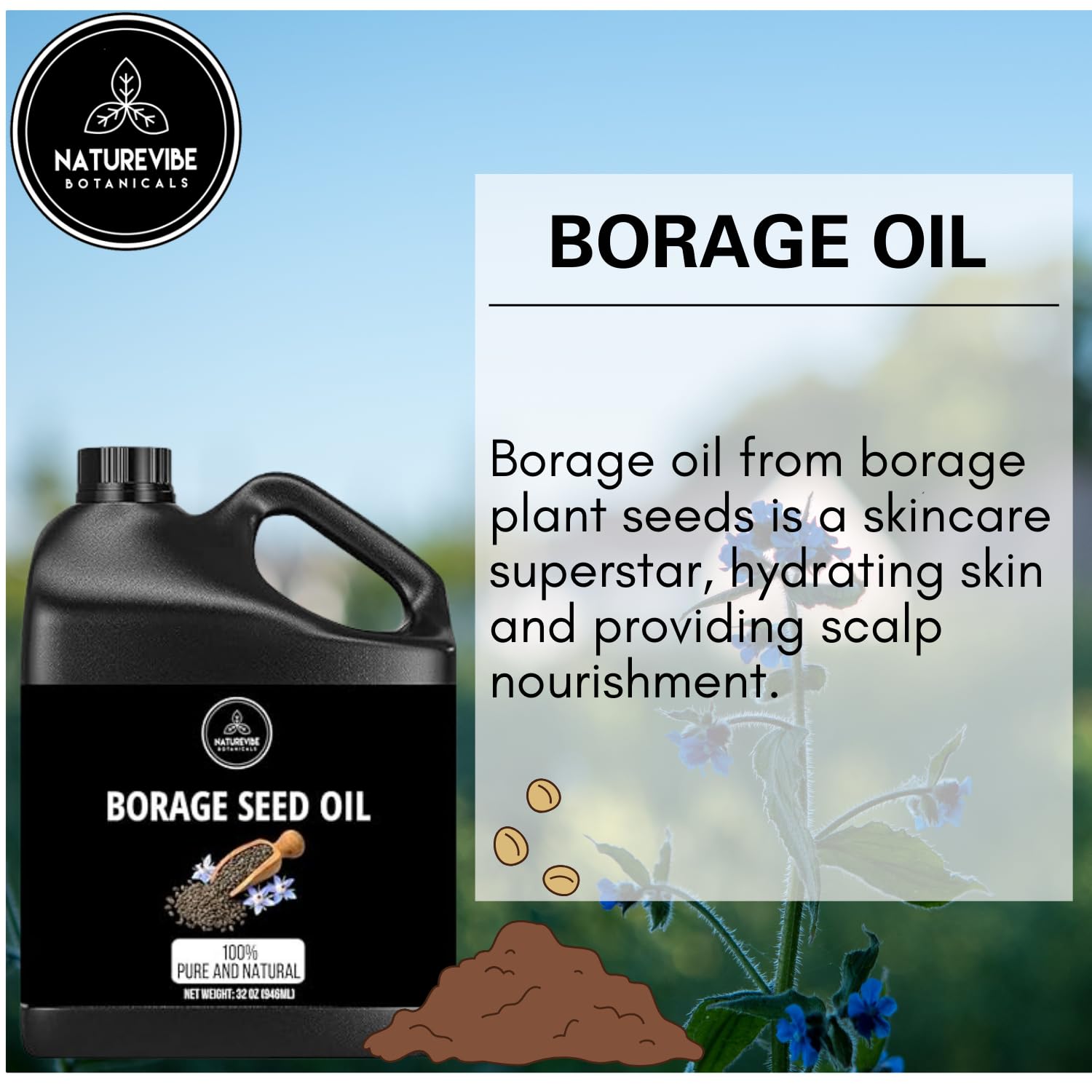 Jar close-up of Naturevibe Botanicals Borage Oil with resealable lid for freshness.