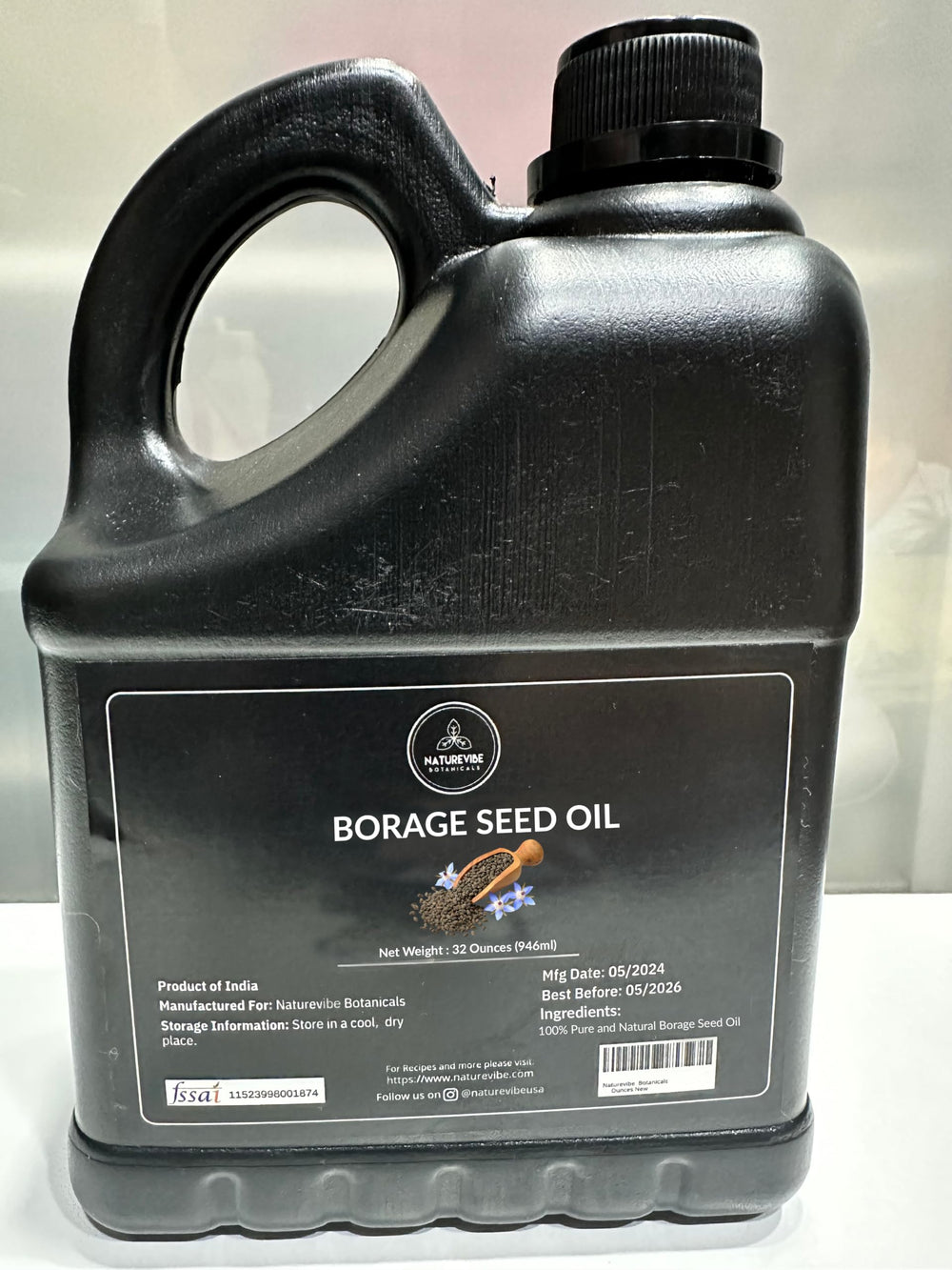 Close-up of Naturevibe Botanicals Borage Oil label showing 100% pure cold-pressed formula.