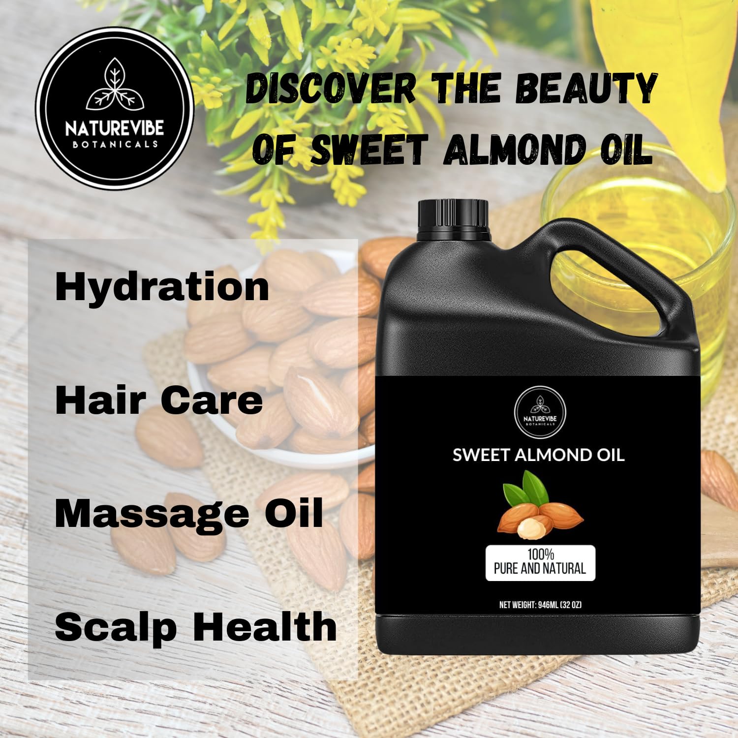 Naturevibe Botanicals huile d’amande douce sur les cheveux pour brillance et douceur.