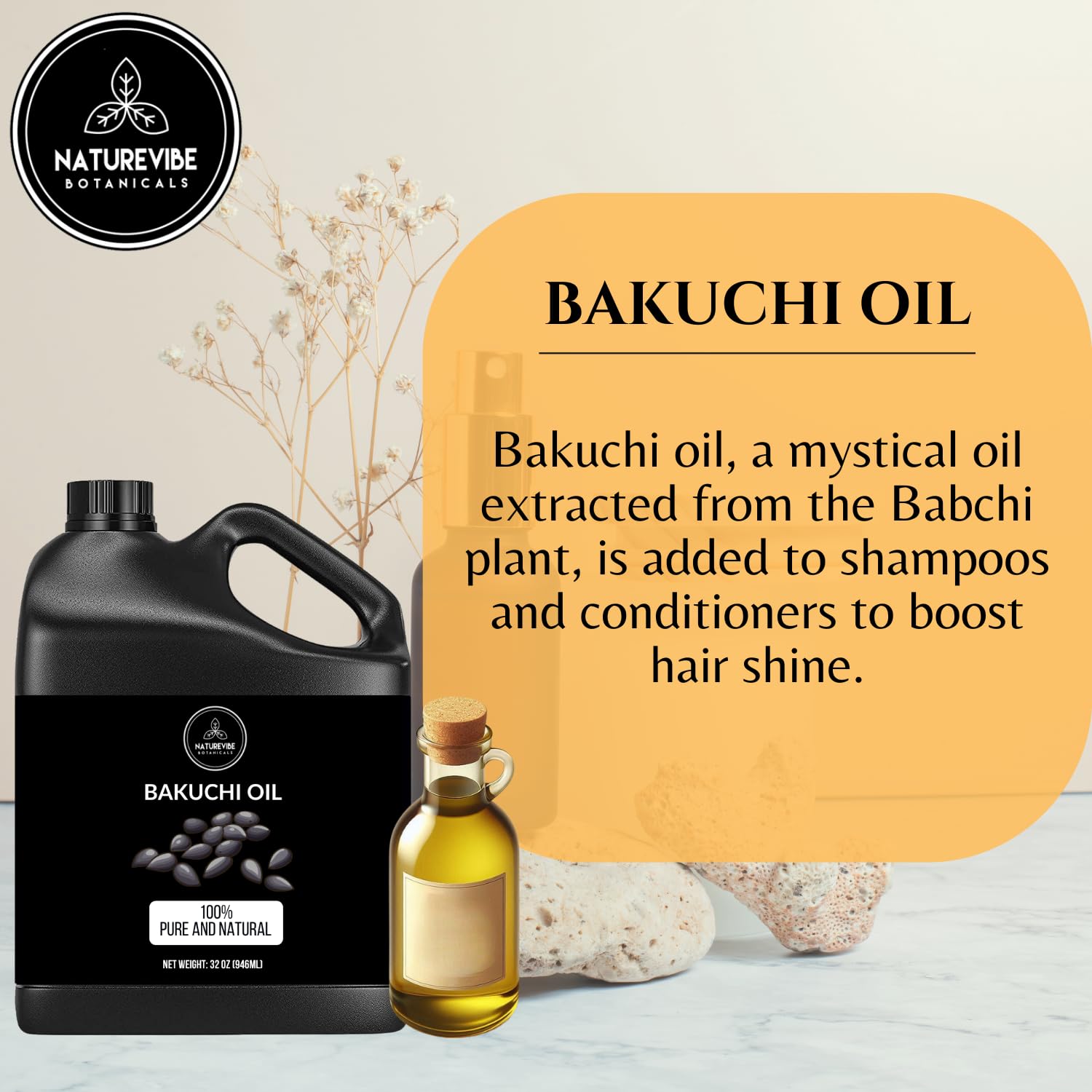 Flacon ambré Bakuchi Naturevibe, versement précis pour routine beauté.