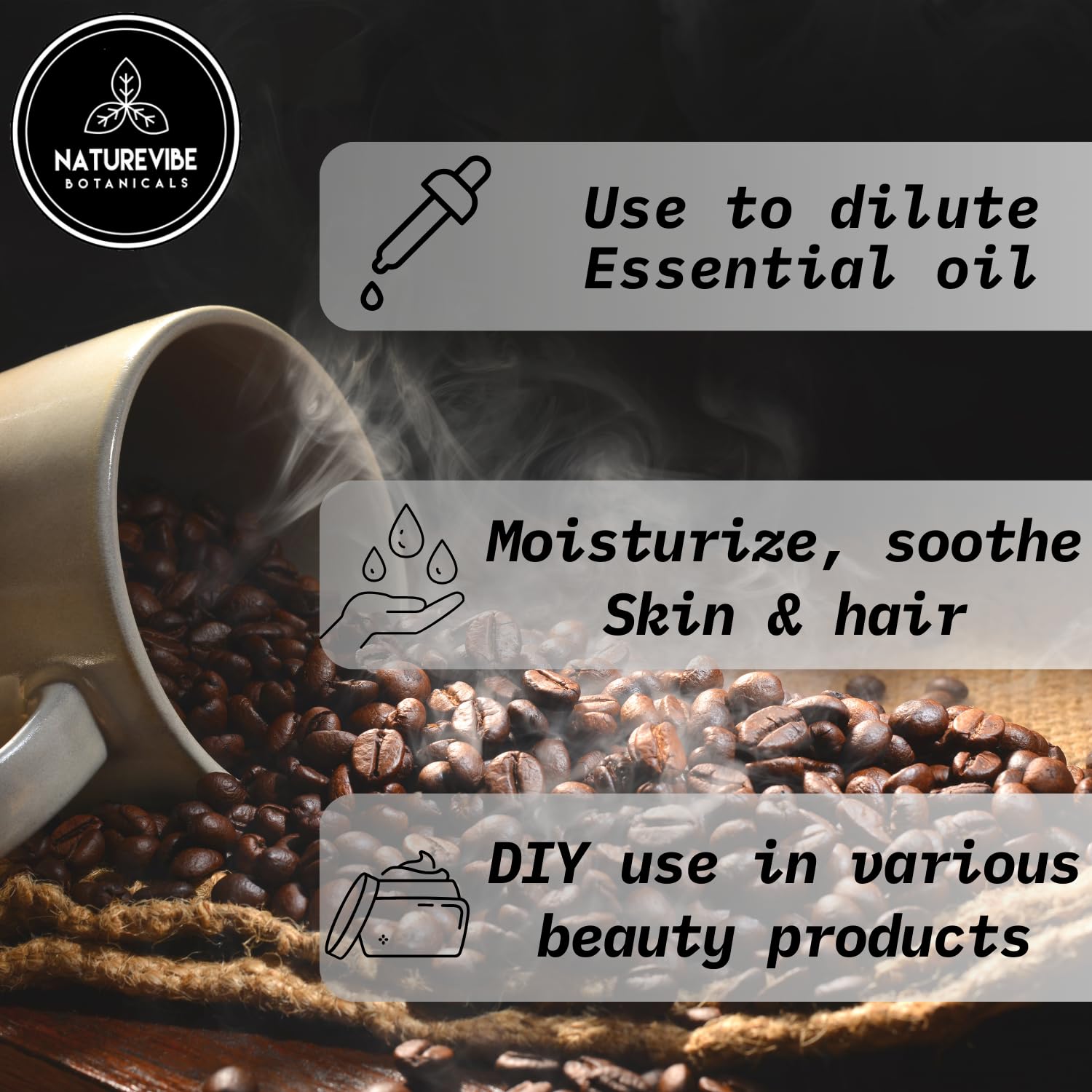 Naturevibe Botanicals huile café: conservation dans un endroit frais et sombre.