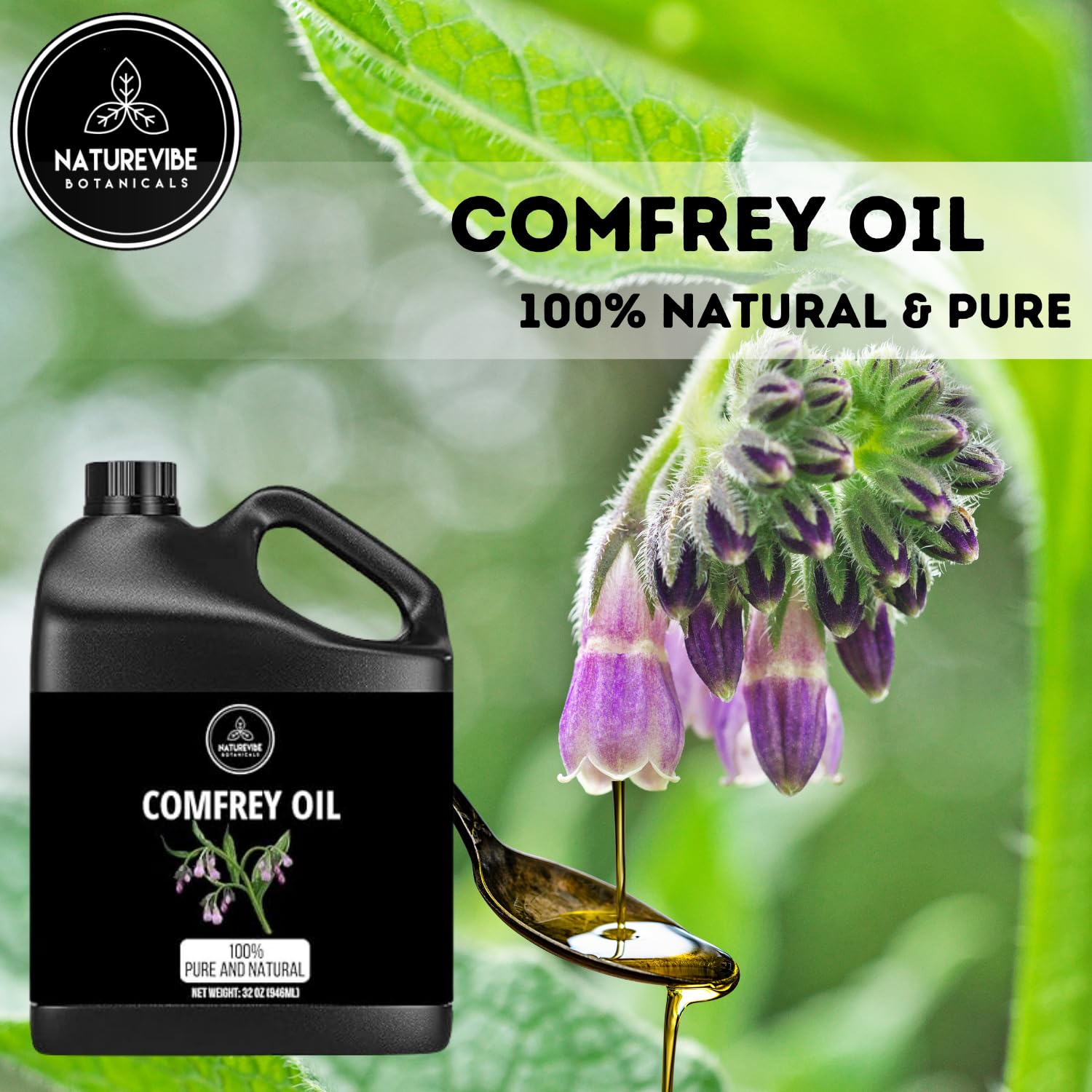 Naturevibe Botanicals huile de consoude etiquette detaillee — packaging clair et frais.