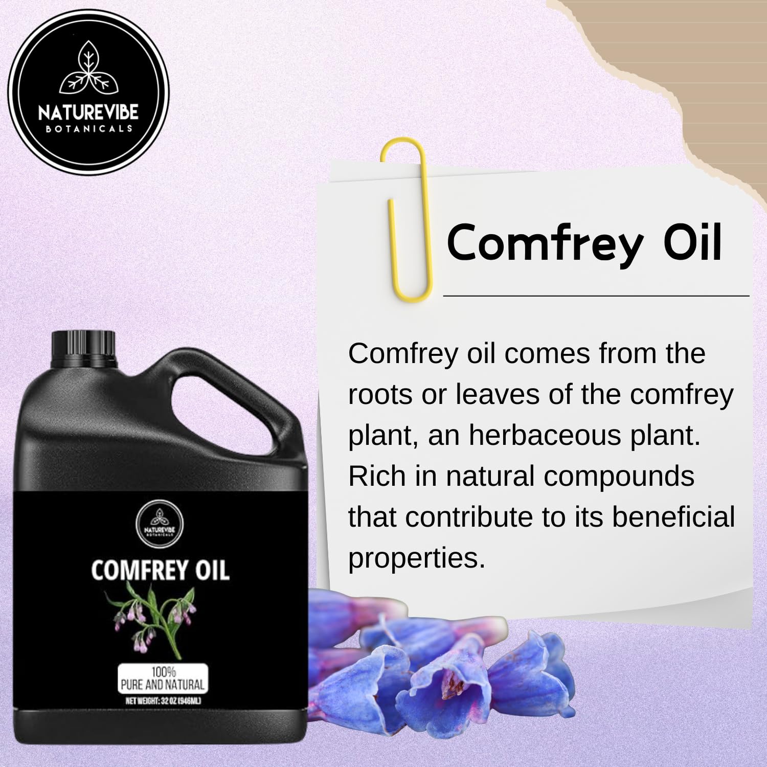 Naturevibe Botanicals huile de consoude verre ambre — protection lumière et fraîcheur.