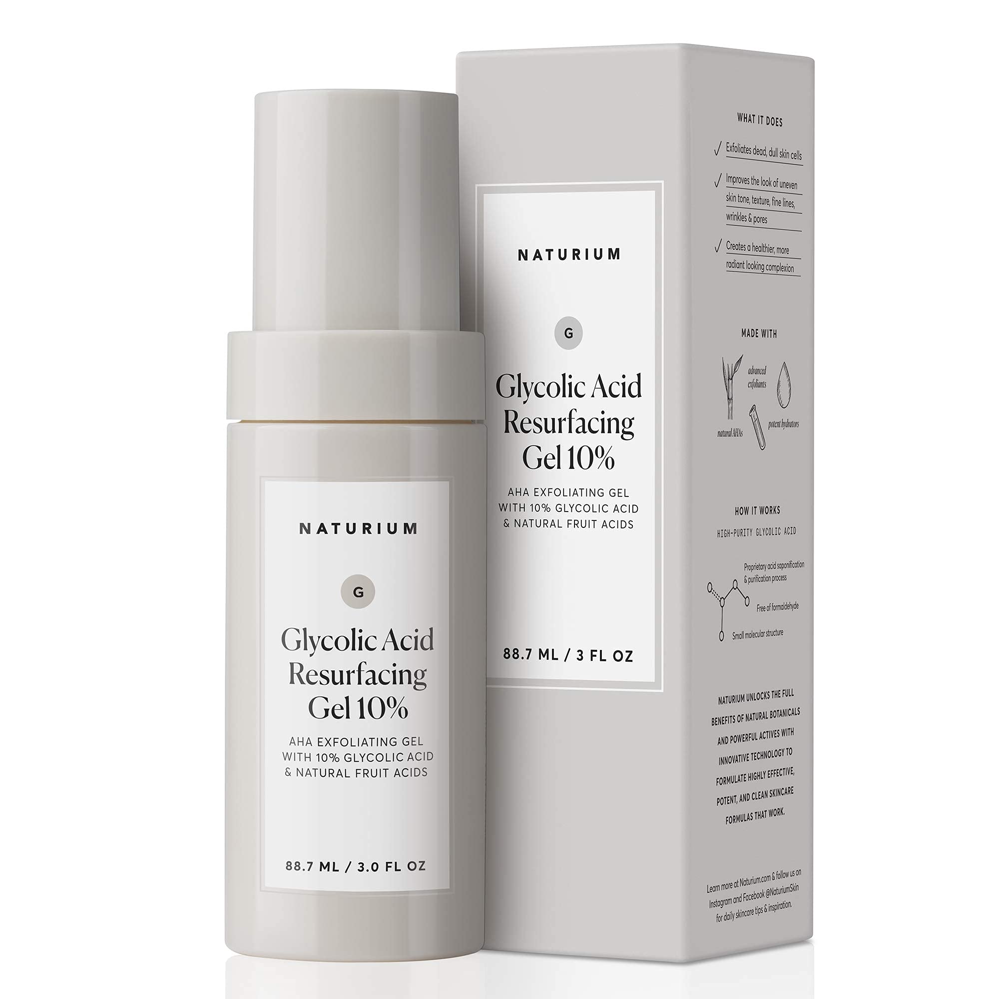 Naturium gel resurfacant 10% – bouteille montrant l'exfoliation du visage.