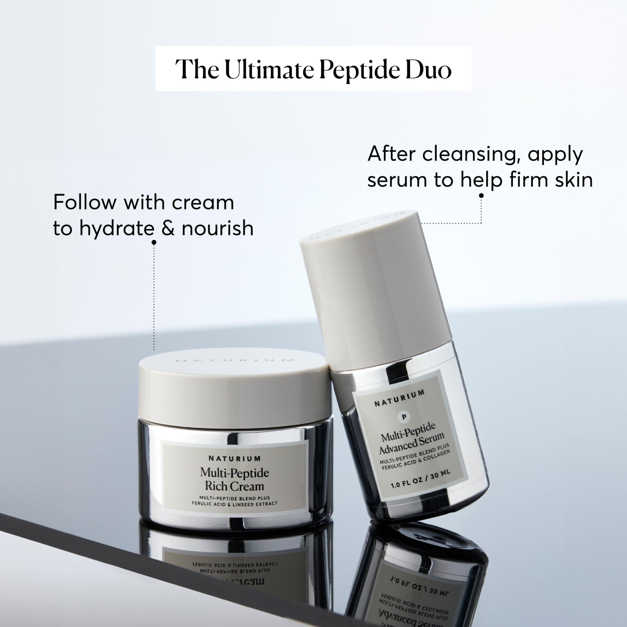 Routine quotidienne avec Naturium Crème Riche Multi-Peptide appliquée sur peau.
