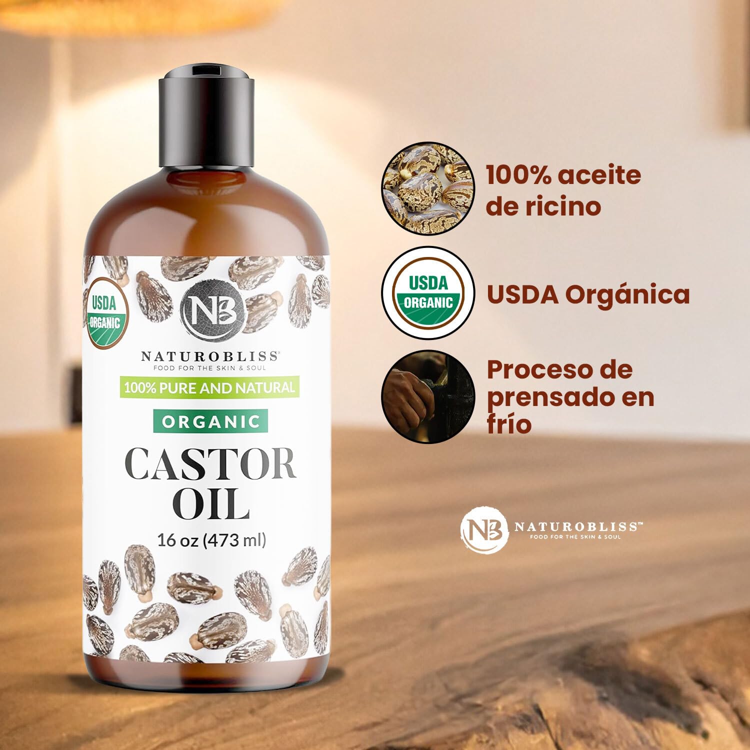NaturoBliss huile de ricin – emballage ambré protège la fraîcheur.