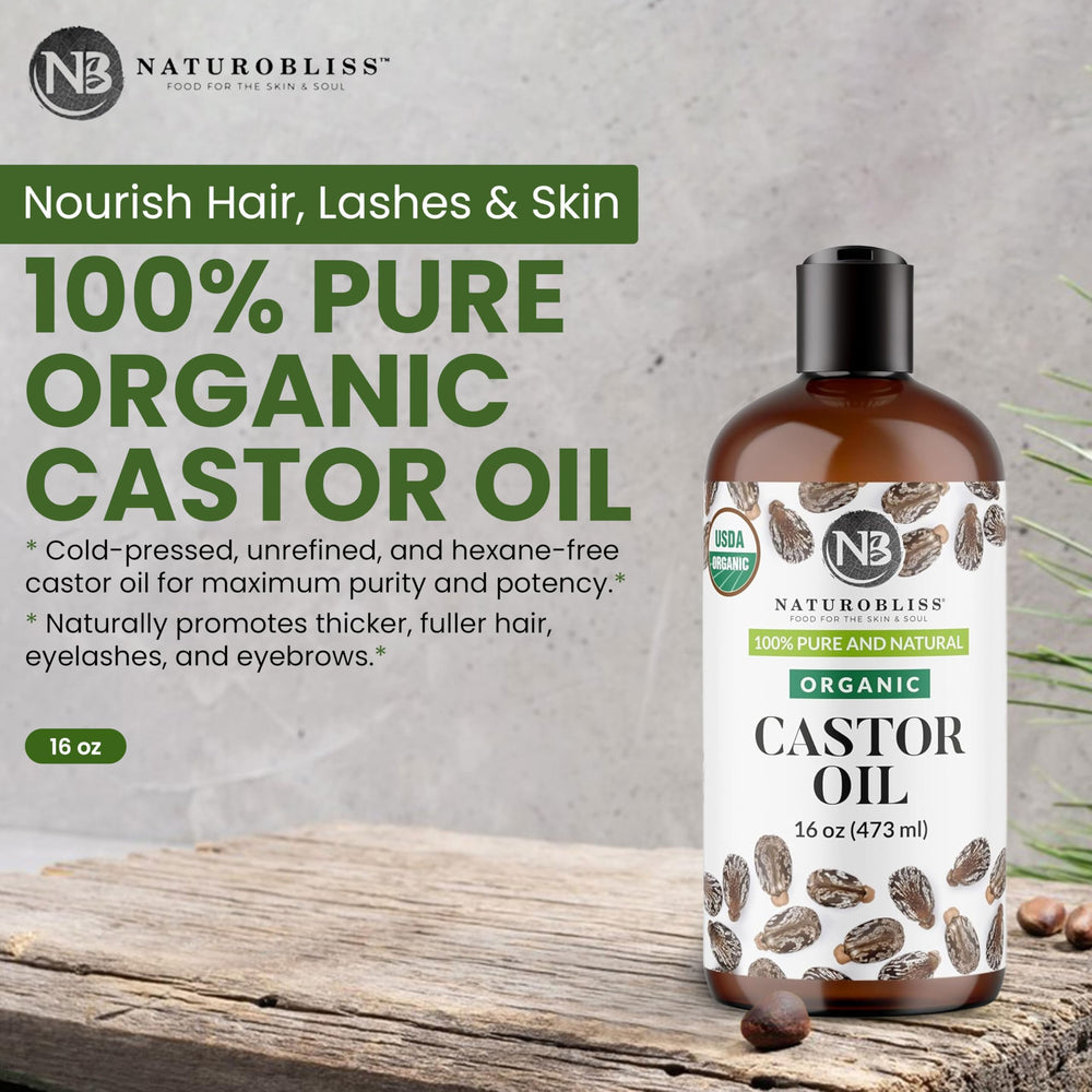 NaturoBliss huile de ricin – visuel concentré pour densifier les cheveux.