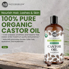 NaturoBliss huile de ricin – visuel concentré pour densifier les cheveux.