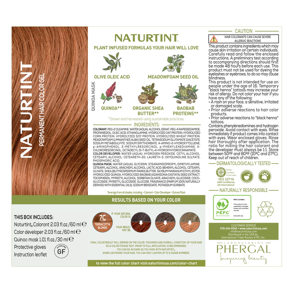 Naturtint 7C Terracotta Blonde, résultats jusqu'à 100% gris visibles.