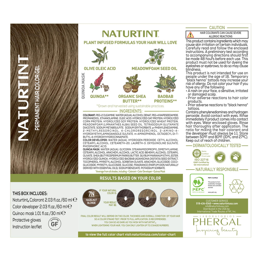 Naturtint 7N Hazelnut Blonde – gros plan sur la texture nourrissante qui respecte les cheveux.