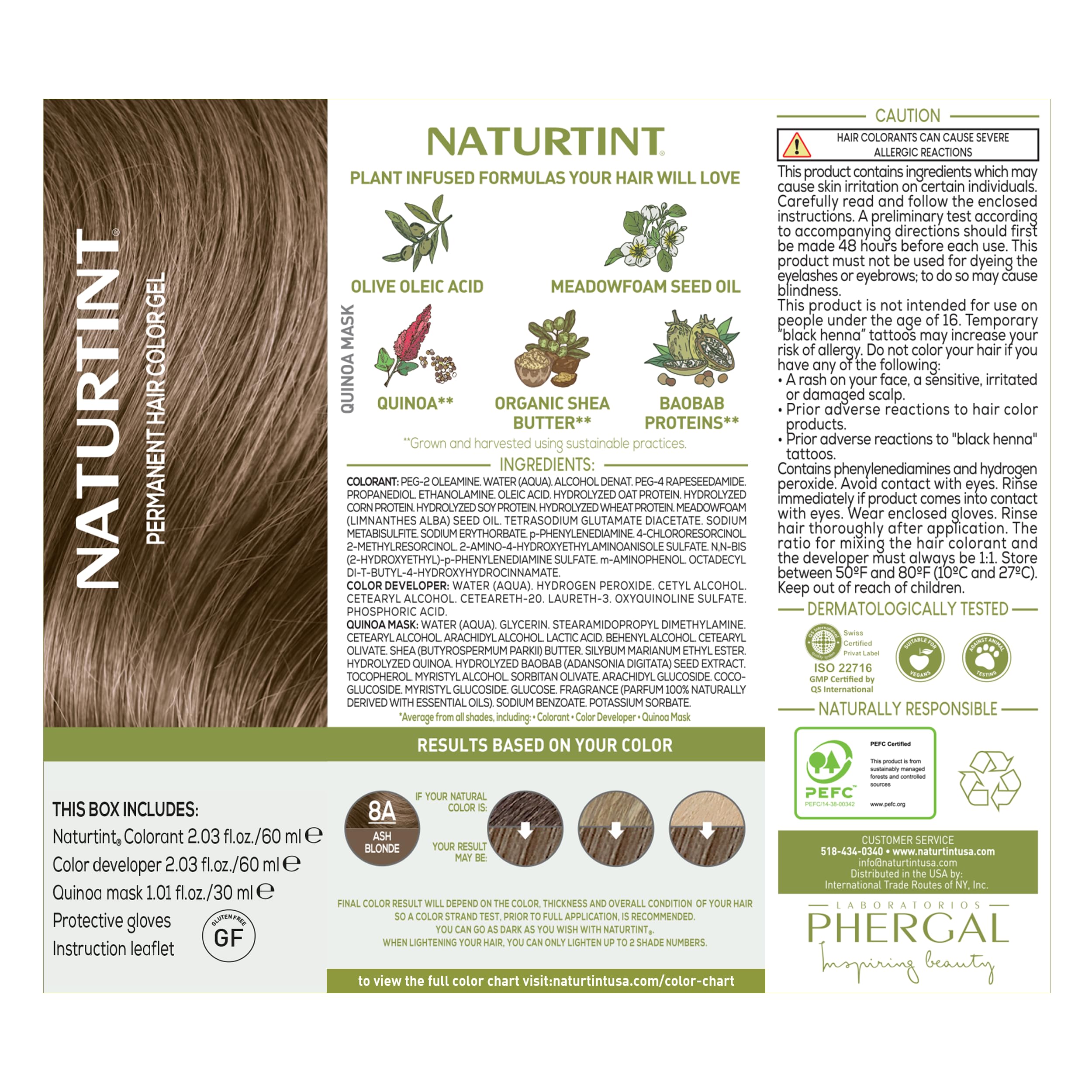 Naturtint 8A Blond Cendré ingrédients végétaux pour cheveux en santé.
