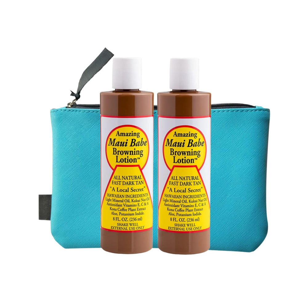Maui Babe Browning Lotion par Nautical Crush Trading, bouteille visible, favorise un bronzage profond et naturel.
