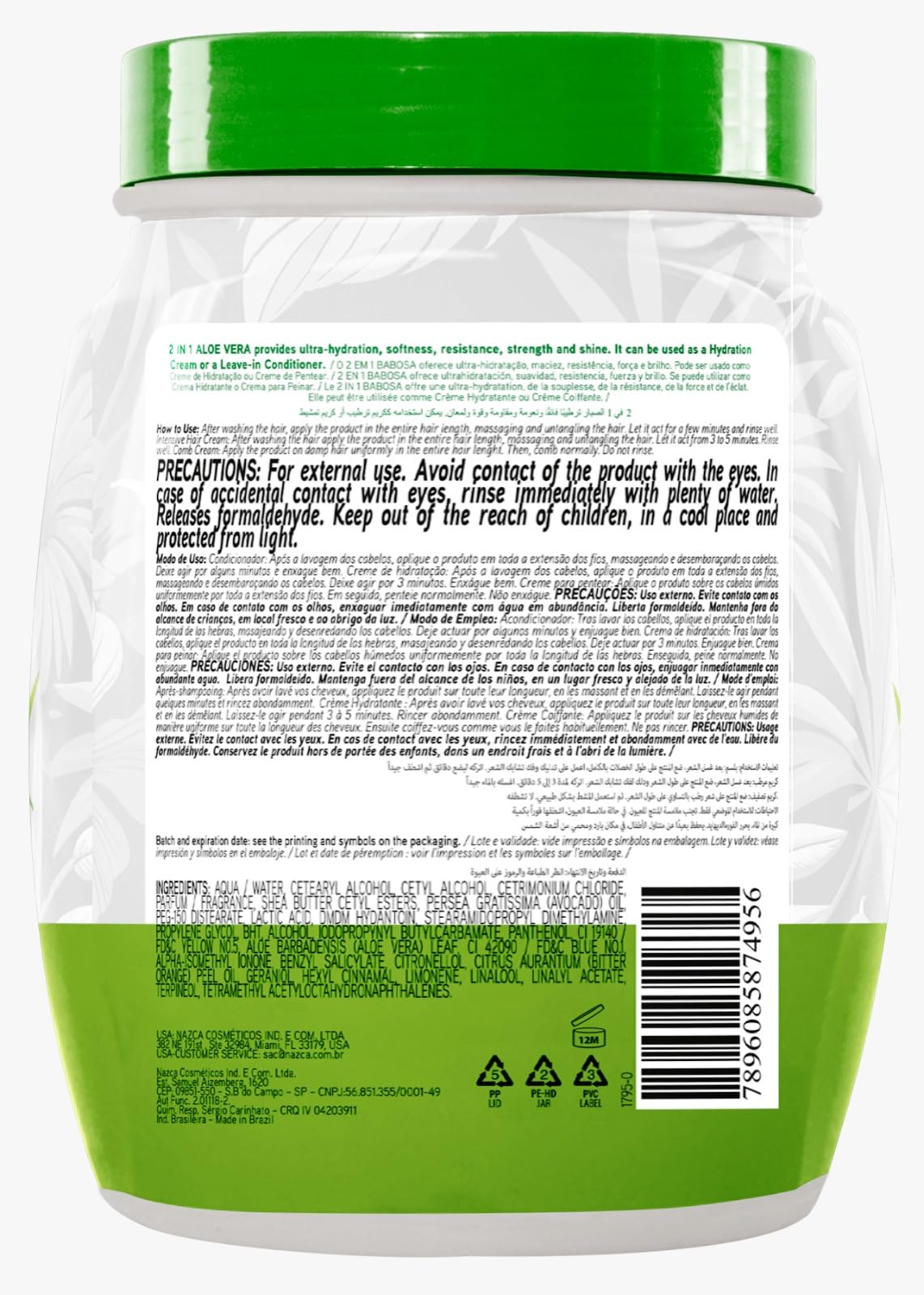 Nazca Aloe Vera 2-en-1: crème coiffante, maîtrise des frisottis, bouteille 1kg.