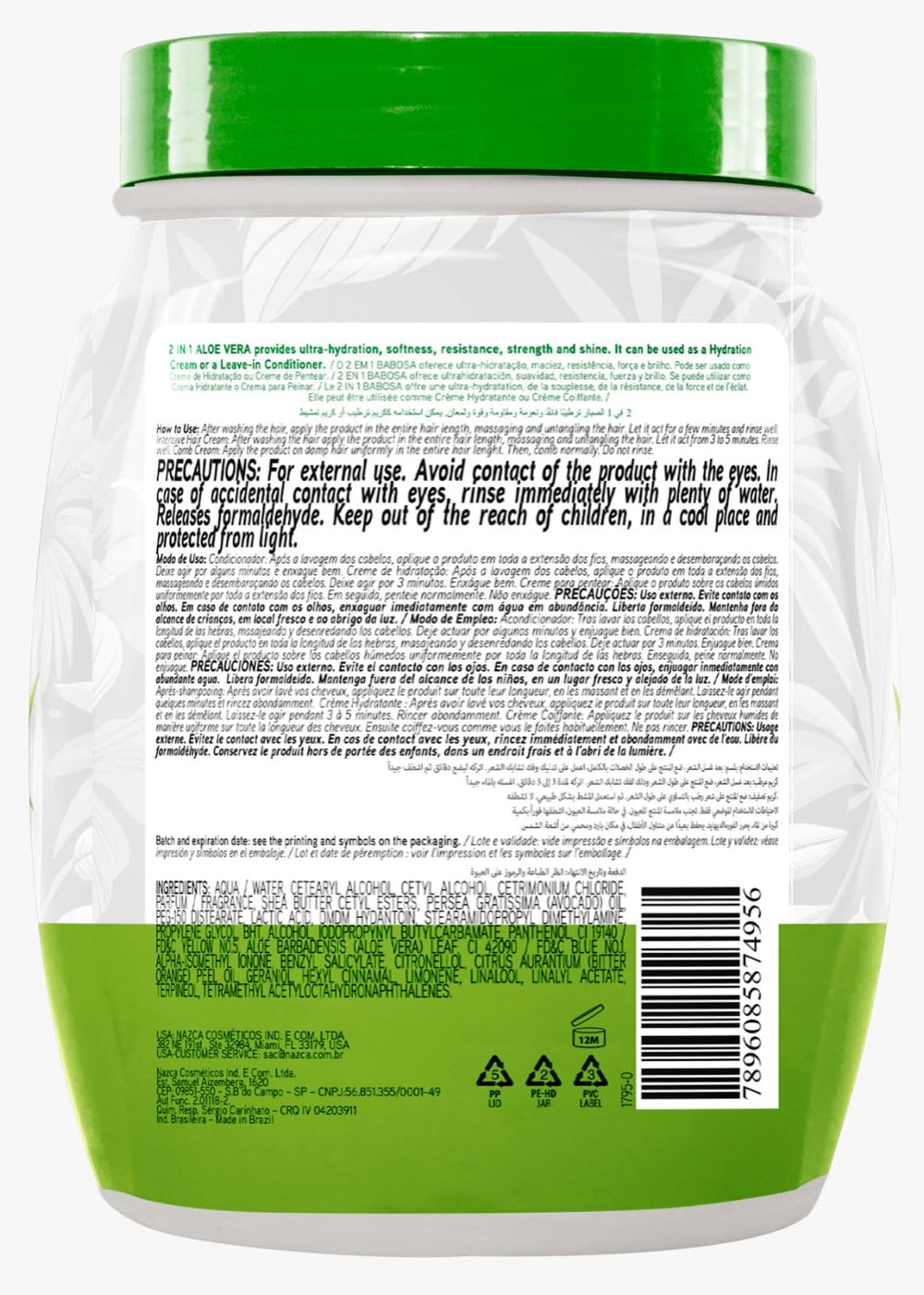 Nazca Aloe Vera 2-en-1: crème coiffante, maîtrise des frisottis, bouteille 1kg.