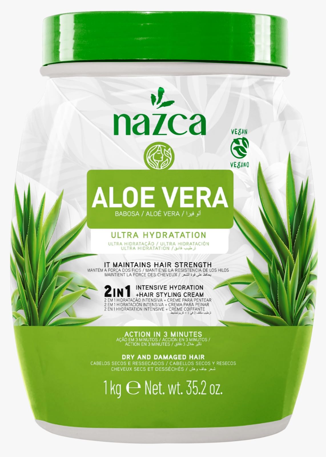 Nazca Aloe Vera 2-en-1: crème hydratante pour cheveux, bouteille 1kg, douceur et brillance.