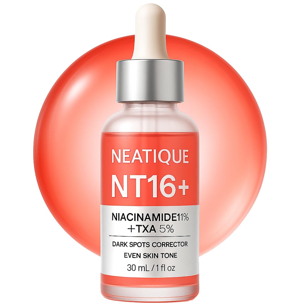 Neatique NT16+ sérum — Bouteille satinée et application fluide pour une peau douce.