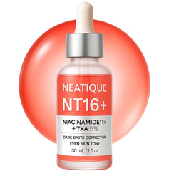 Neatique NT16+ sérum — Bouteille satinée et application fluide pour une peau douce.