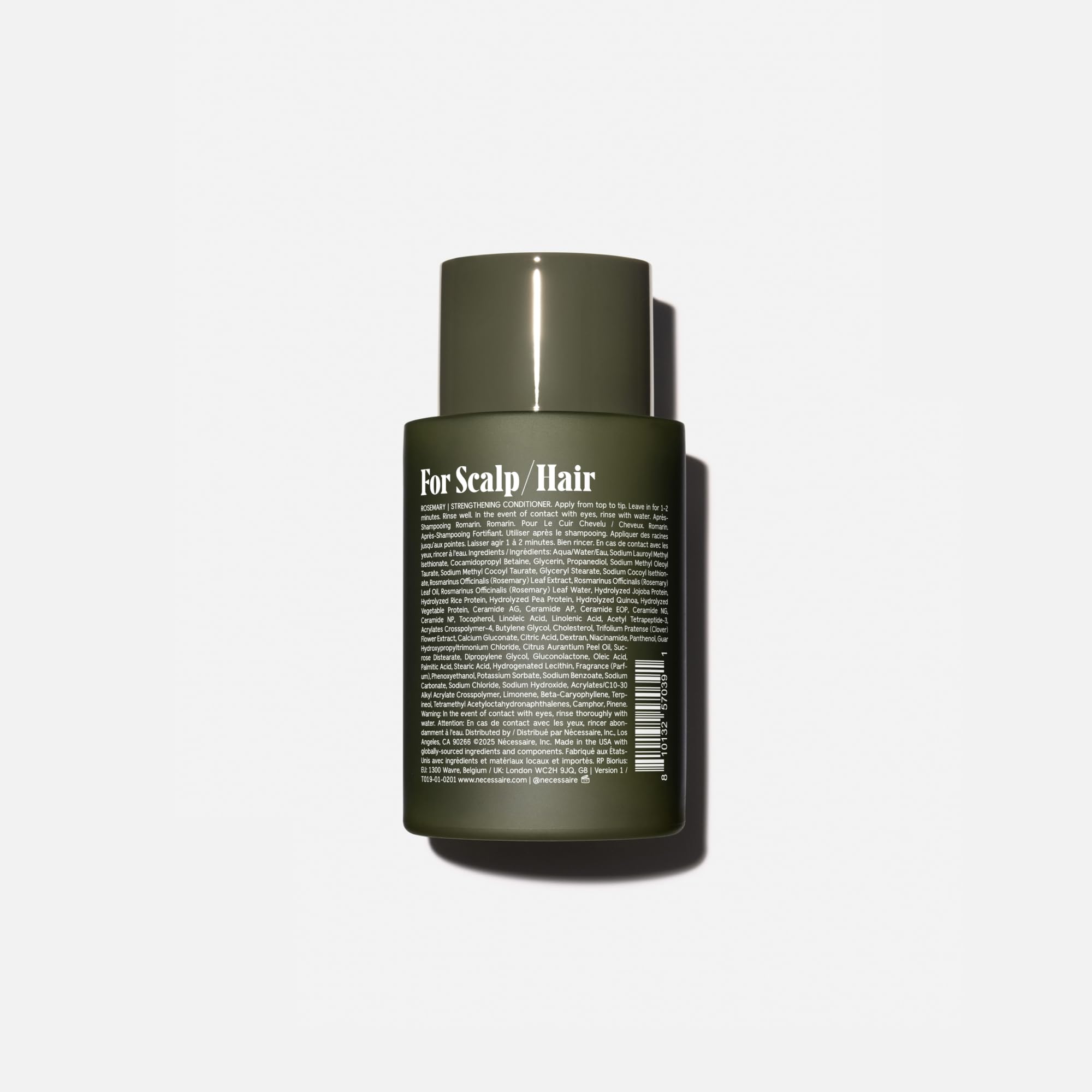 Nécessaire Conditionneur Romarin – étiquette montrant protéines et céramides pour fortifier les cheveux.