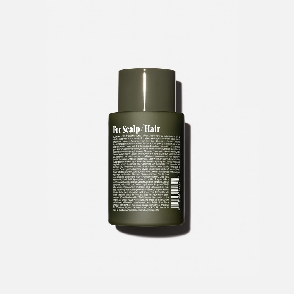 Nécessaire Conditionneur Romarin – étiquette montrant protéines et céramides pour fortifier les cheveux.