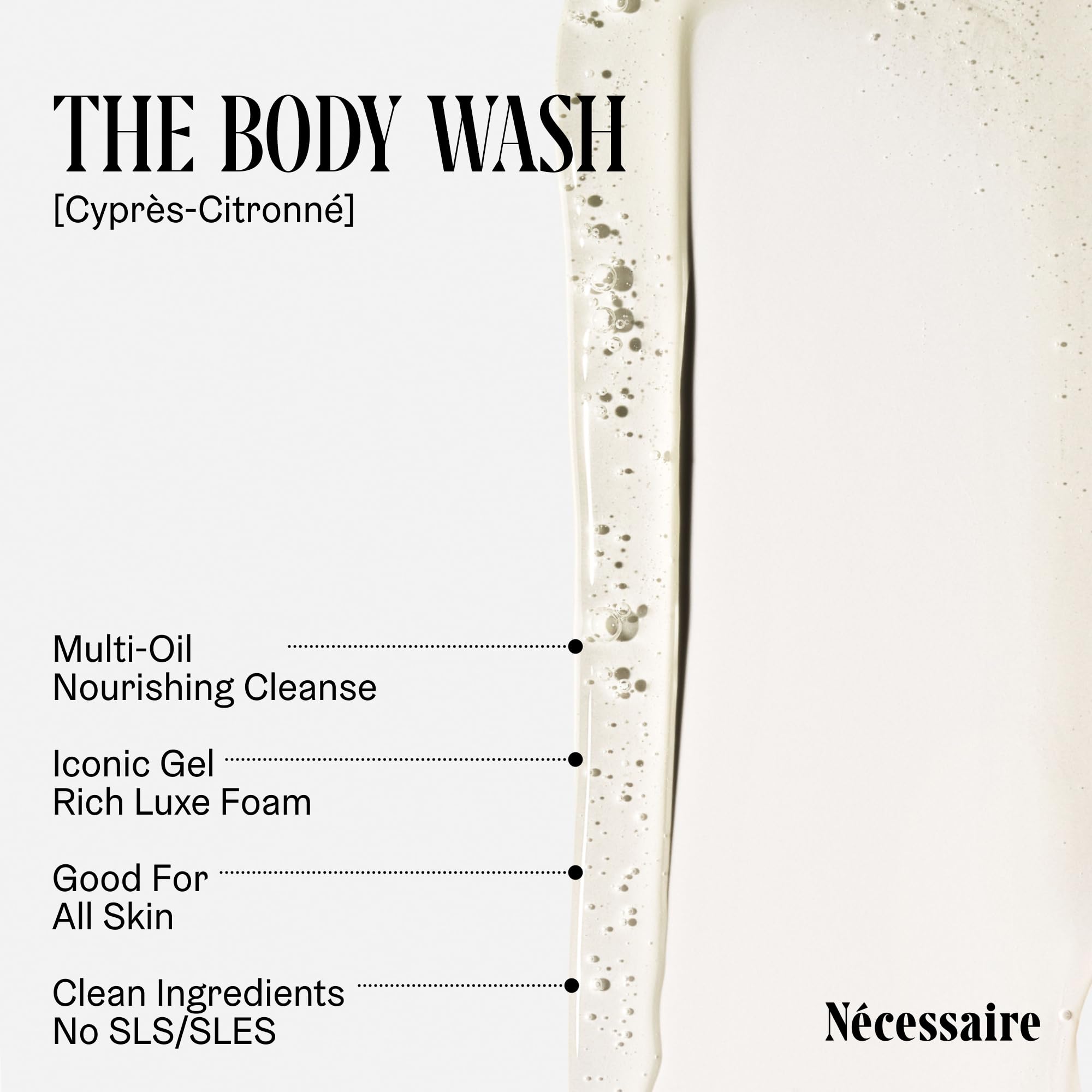 Nécessaire Gel Douche Cyprès-Citronné, notes citronnées et boisées pour une ambiance rafraîchissante.