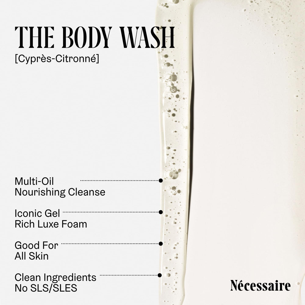 Nécessaire Gel Douche Cyprès-Citronné, notes citronnées et boisées pour une ambiance rafraîchissante.