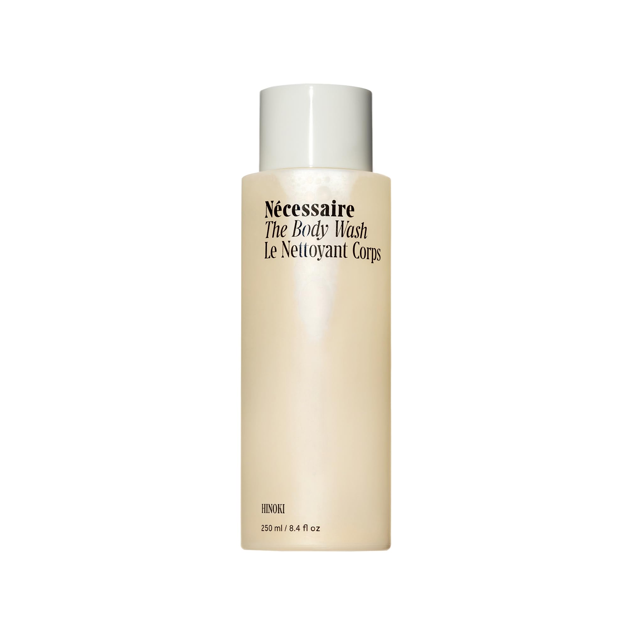 Nécessaire Hinoki: bouteille élégante prête pour la douche quotidienne, design épuré.