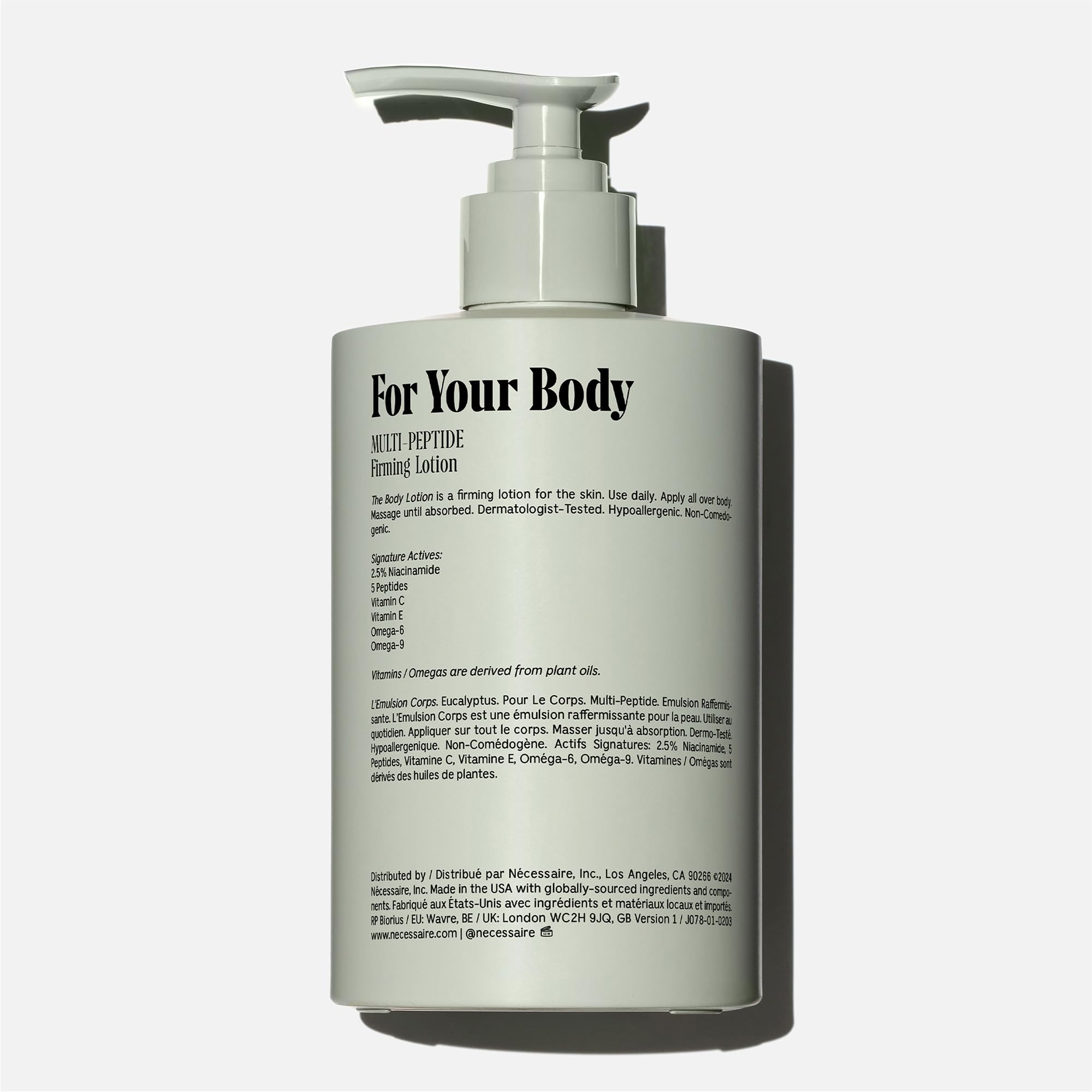 Nécessaire Body Lotion Eucalyptus, pompe : absorption rapide sans gras.