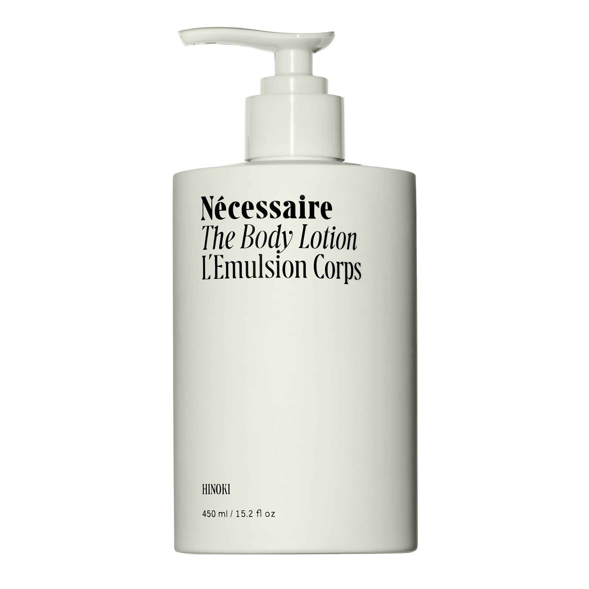Lotion corps Hinoki de Nécessaire – bouteille pompe, application pratique.