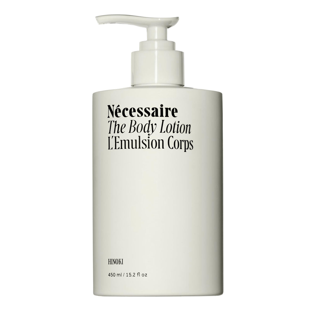 Lotion corps Hinoki de Nécessaire – bouteille pompe, application pratique.