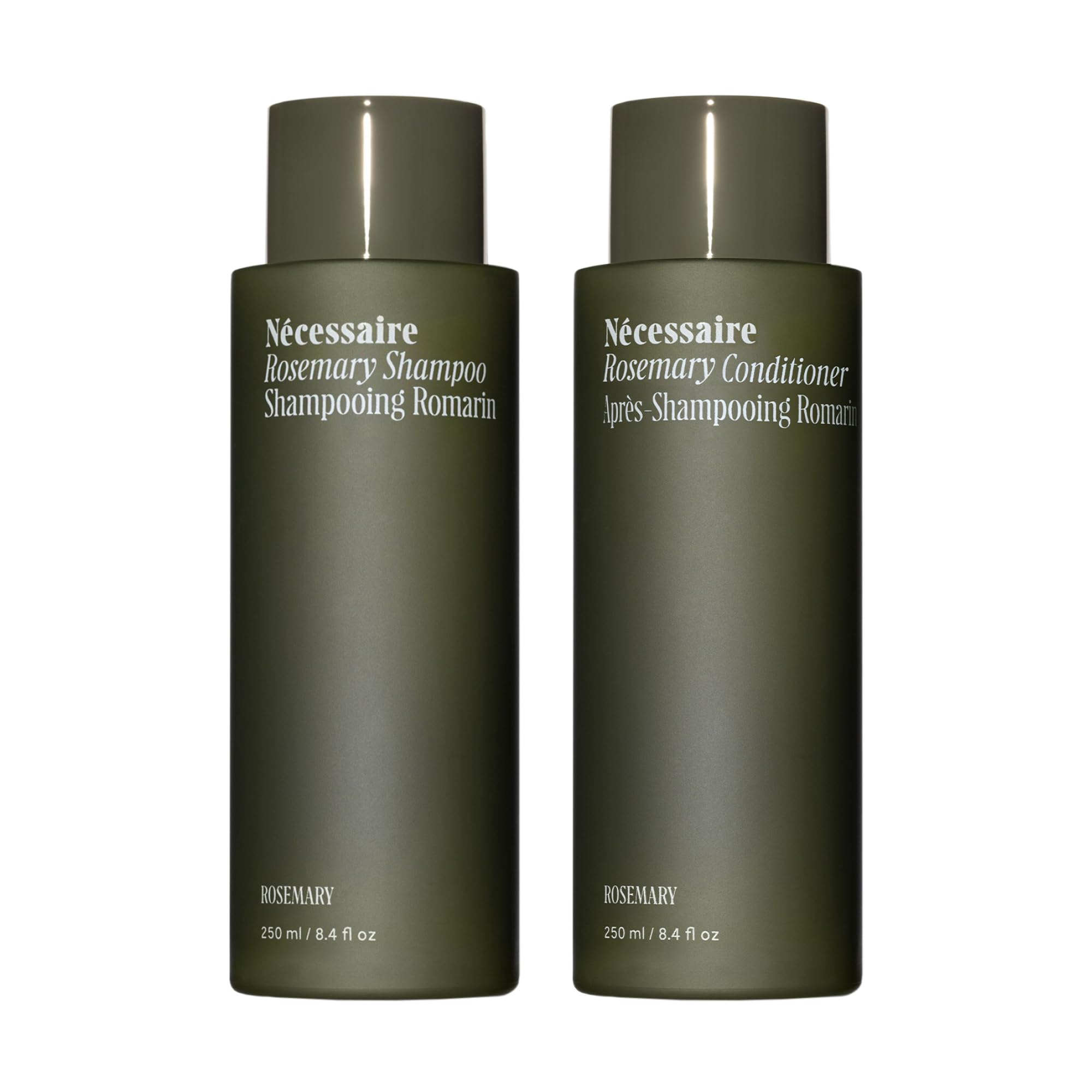Shampoing Nécessaire Rosemary, bouteille élégante, parfum aromatique.