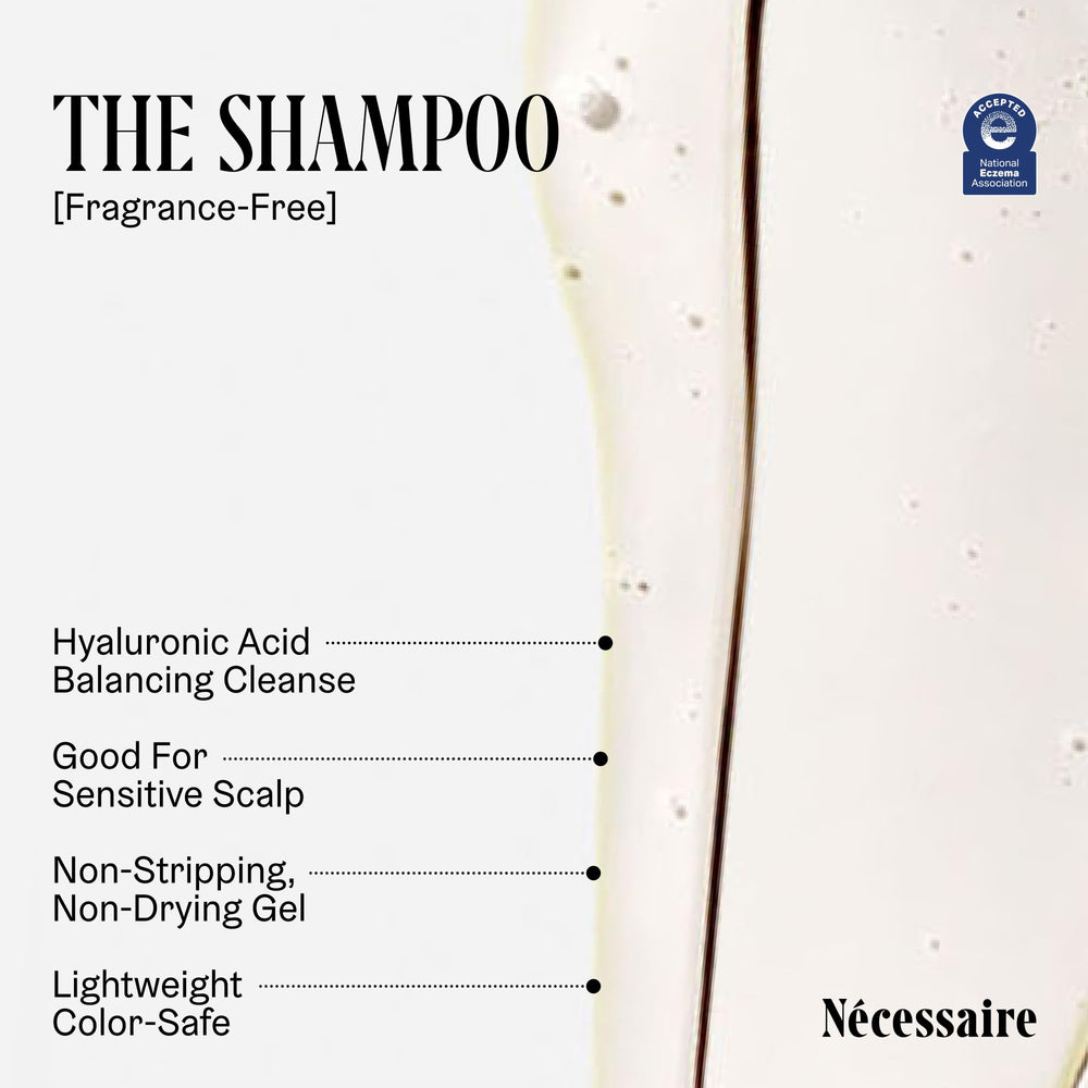 Nécessaire The Shampoo: étiquette sans parfum pour une expérience neutre.
