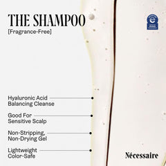Nécessaire The Shampoo: étiquette sans parfum pour une expérience neutre.