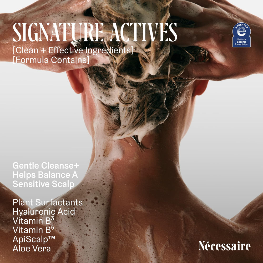 Nécessaire The Shampoo: sceau éczema attestant de sa sécurité pour peaux sensibles.