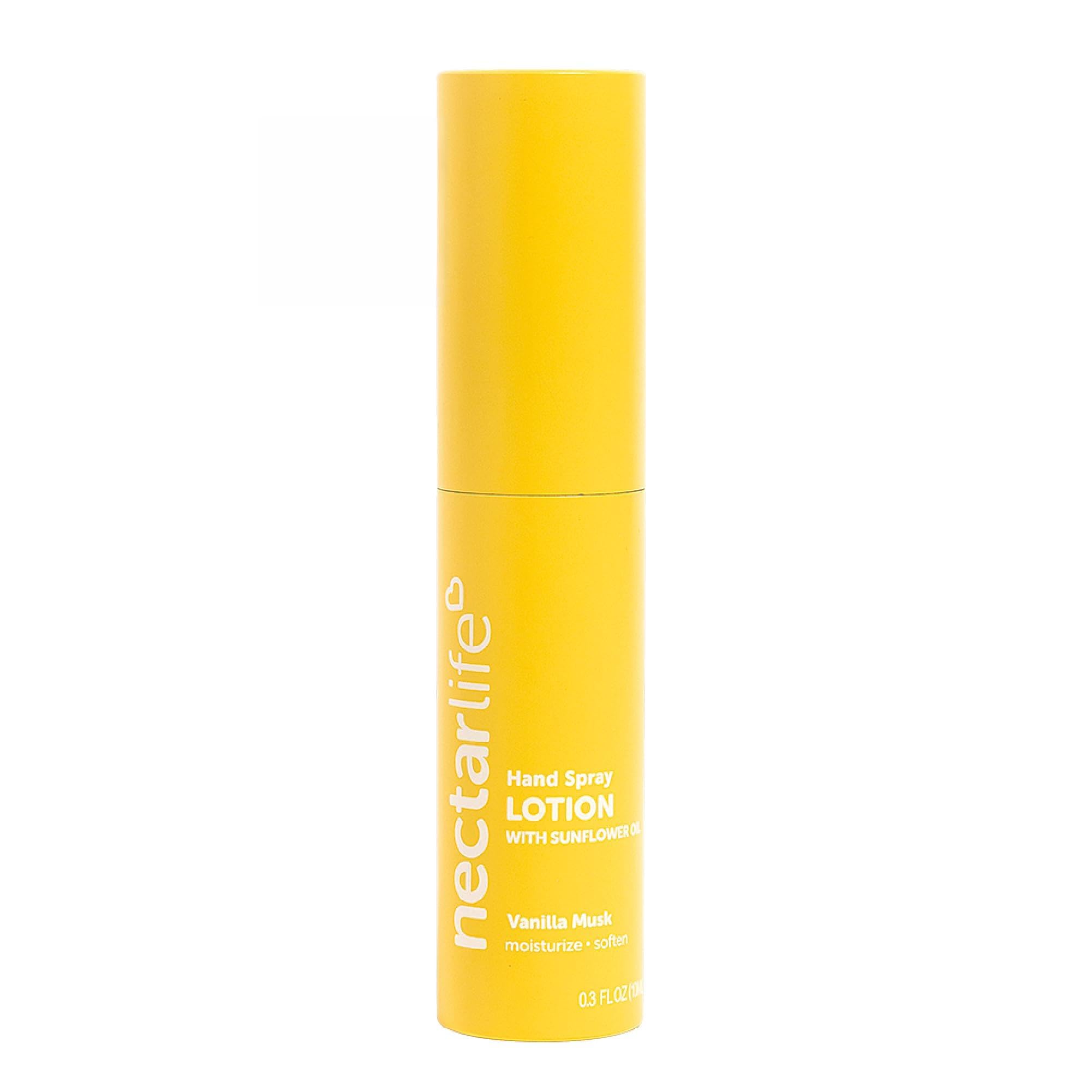 Nectar Life spray-mains vanille-musquée, hydratation rapide en déplacement.