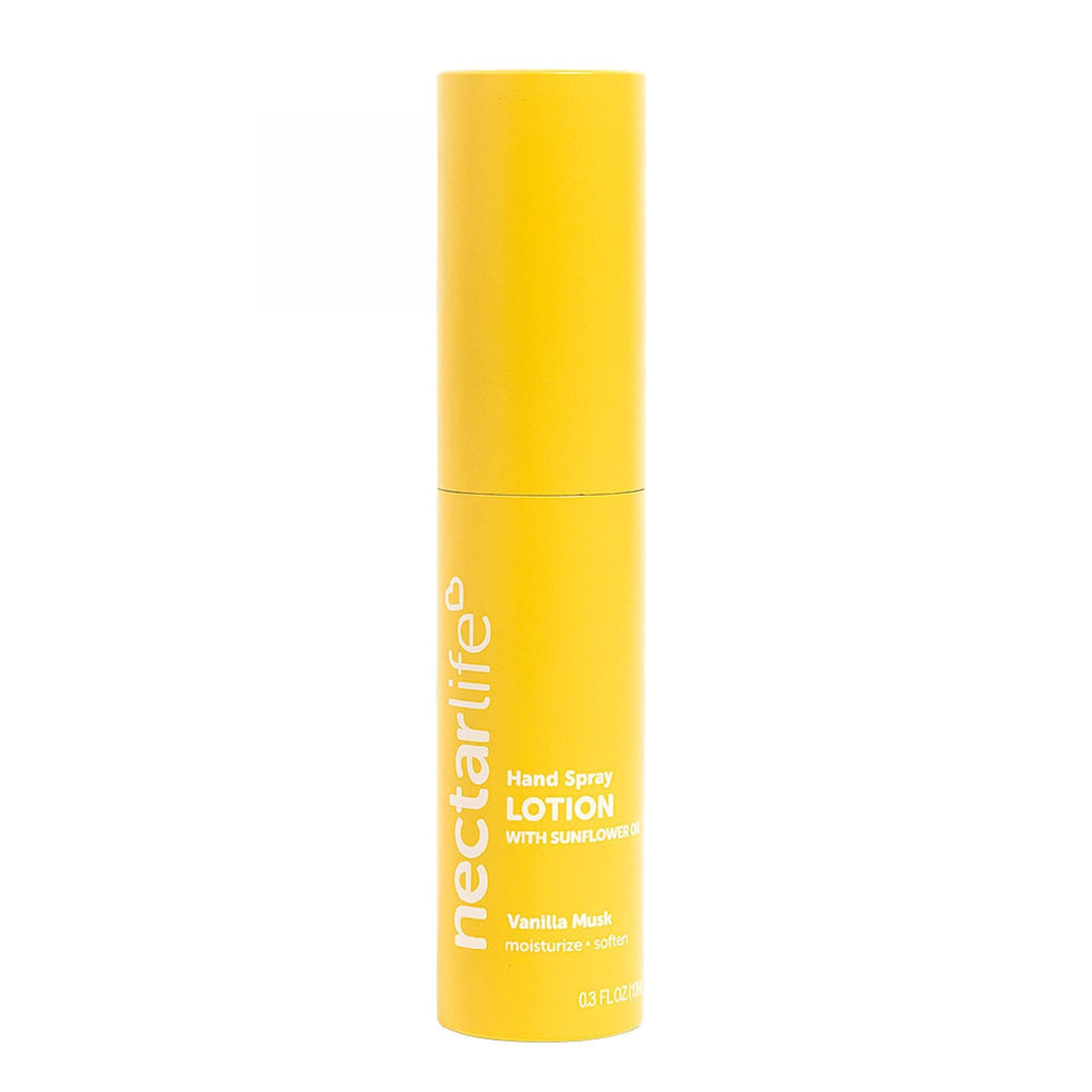 Nectar Life spray-mains vanille-musquée, hydratation rapide en déplacement.