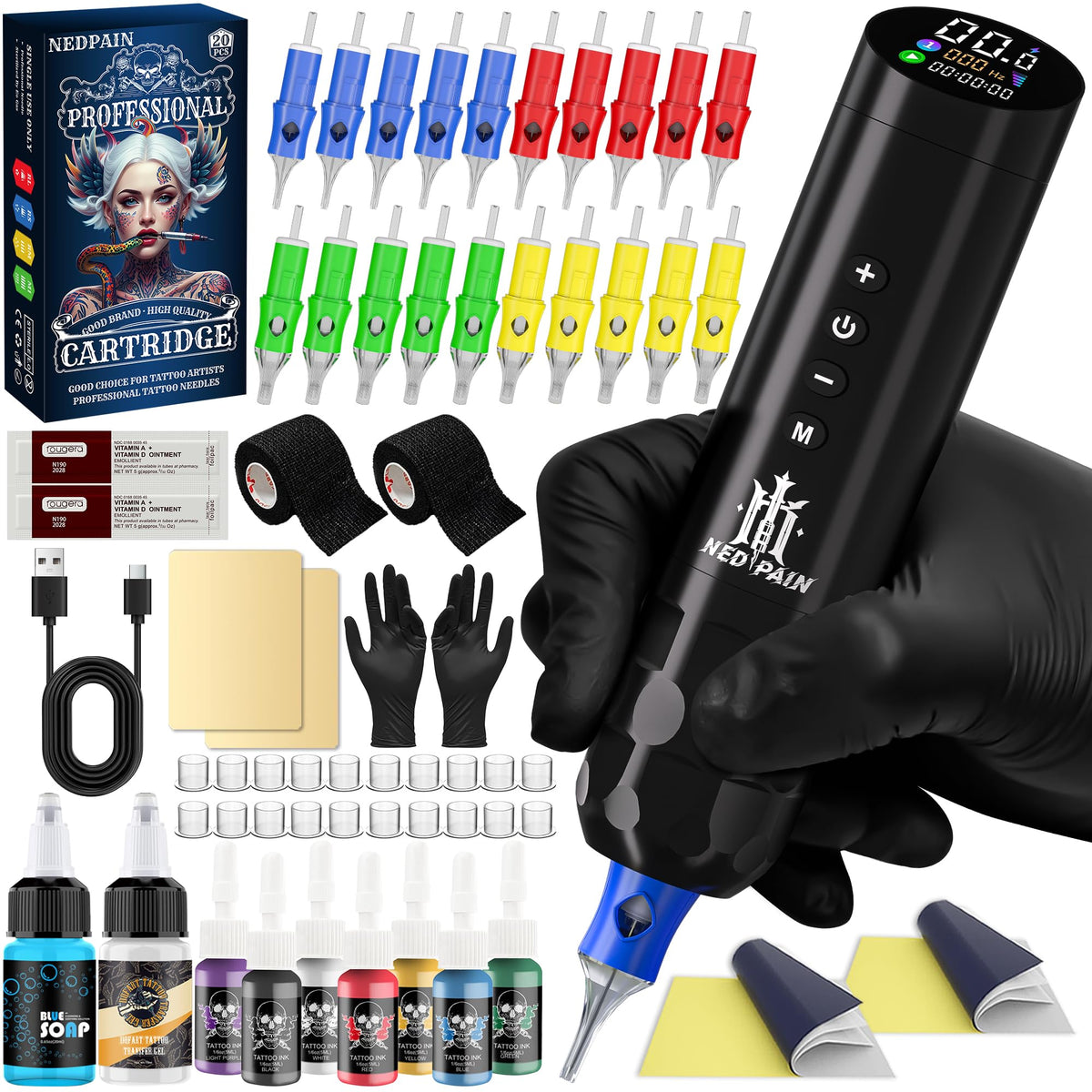 NEDPAIN Stylo tatouage sans fil ergonomique pour sessions prolongées.