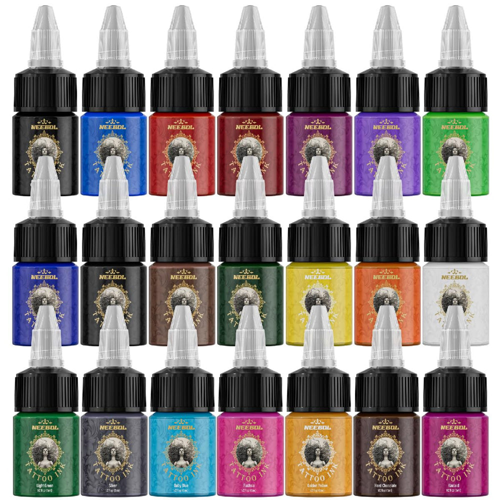 Neebol 21-color tattoo ink bottle group for versatile outlining and shading.