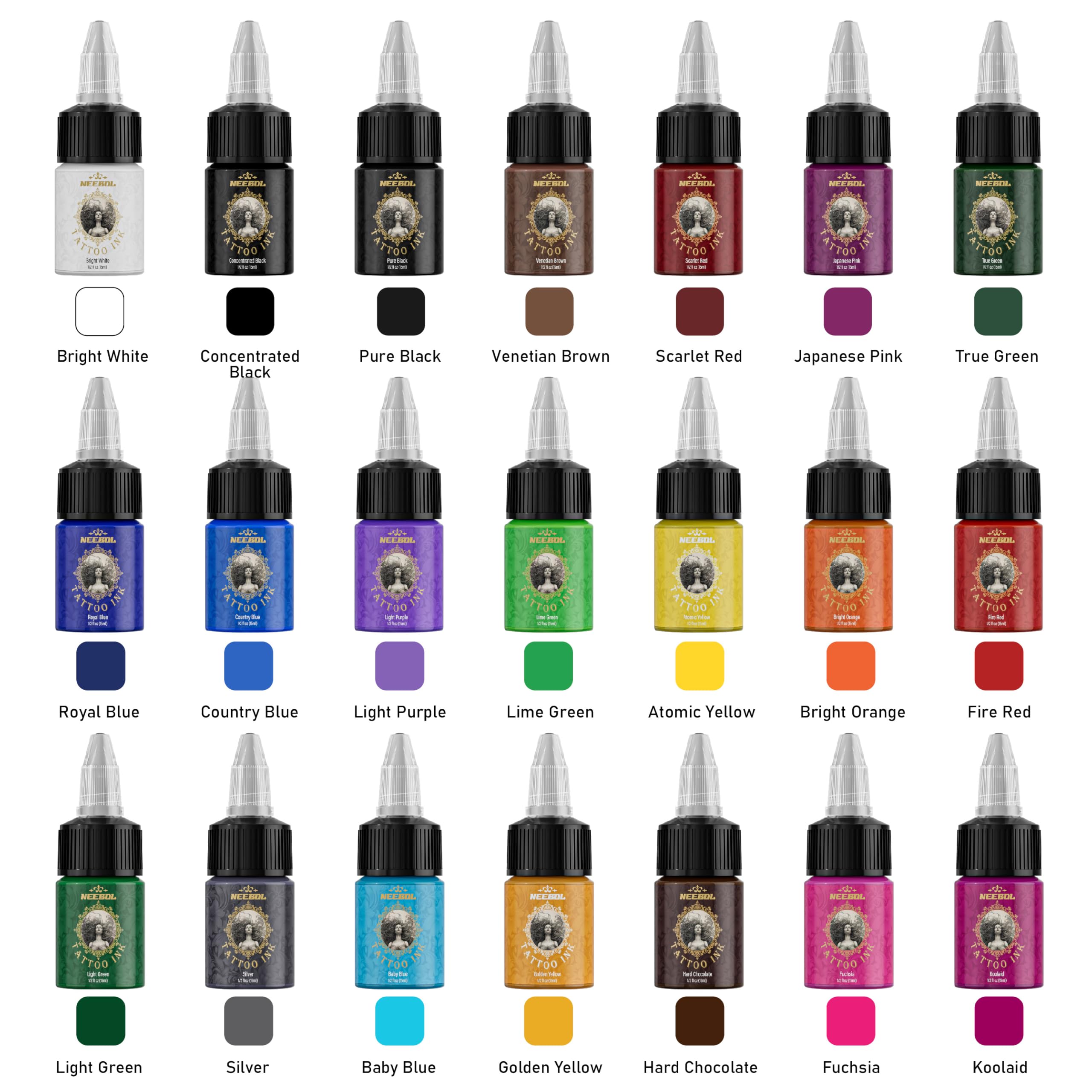 Neebol 21-color ink bottle front label for quick color selection during sessions.