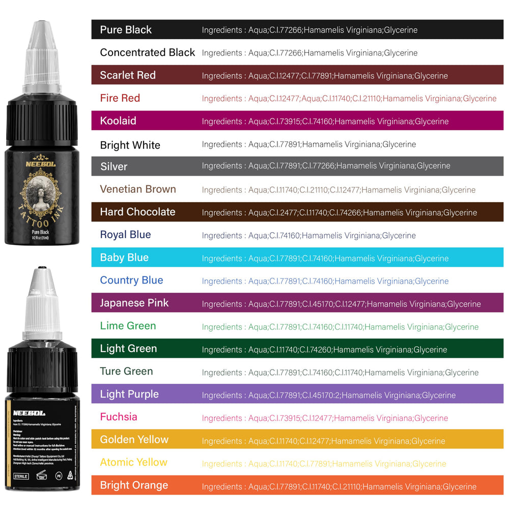 Neebol tattoo ink pigment swatches to choose shades before your session.